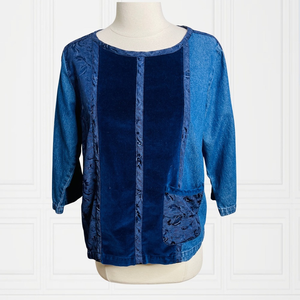 Marsha Sport Women Blue Denim Velvet Floral Jacquard Mixed Media Top 3/4 Sleeve